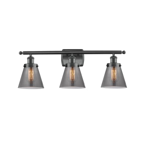 A large image of the Innovations Lighting 916-3W Small Cone Matte Black / Plated Smoke