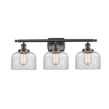 A large image of the Innovations Lighting 916-3W Large Bell Matte Black / Clear