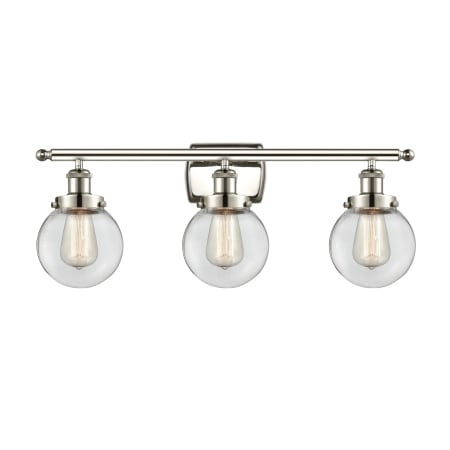 A large image of the Innovations Lighting 916-3W-11-26 Beacon Vanity Polished Nickel / Clear