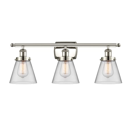 A large image of the Innovations Lighting 916-3W-11-26 Cone Vanity Polished Nickel / Clear
