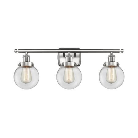 A large image of the Innovations Lighting 916-3W Beacon Brushed Satin Nickel / Clear