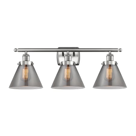 A large image of the Innovations Lighting 916-3W Large Cone Brushed Satin Nickel / Plated Smoke