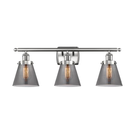 A large image of the Innovations Lighting 916-3W Small Cone Brushed Satin Nickel / Plated Smoke