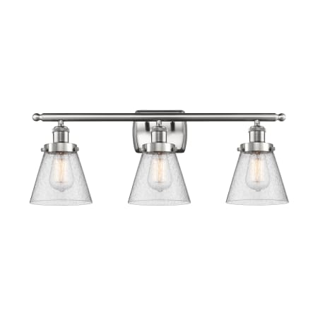 A large image of the Innovations Lighting 916-3W Small Cone Brushed Satin Nickel / Seedy