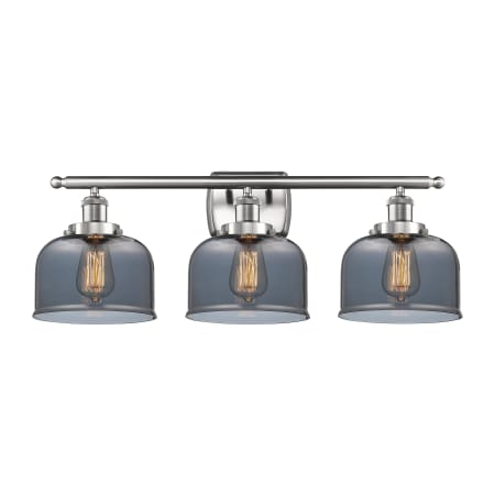 A large image of the Innovations Lighting 916-3W Large Bell Brushed Satin Nickel / Plated Smoke