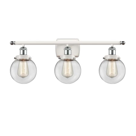 A large image of the Innovations Lighting 916-3W-11-26 Beacon Vanity White and Polished Chrome / Clear