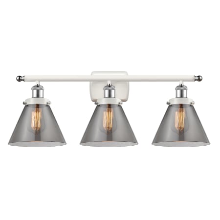 A large image of the Innovations Lighting 916-3W-13-28 Cone Vanity White and Polished Chrome / Plated Smoke