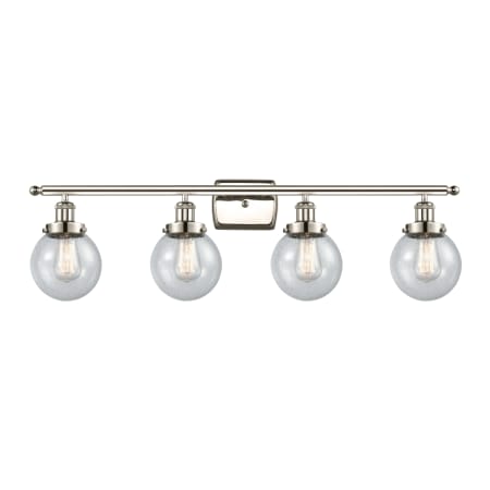 A large image of the Innovations Lighting 916-4W-11-36 Beacon Vanity Polished Nickel / Seedy