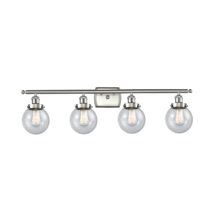 A large image of the Innovations Lighting 916-4W-11-36 Beacon Vanity Brushed Satin Nickel / Seedy