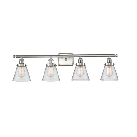 A large image of the Innovations Lighting 916-4W-11-36 Cone Vanity Brushed Satin Nickel / Clear