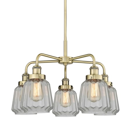 A large image of the Innovations Lighting 916-5CR-14-25 Chatham Chandelier Antique Brass / Clear