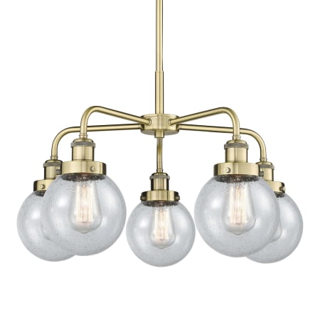 A large image of the Innovations Lighting 916-5CR-16-24 Beacon Chandelier Antique Brass / Seedy