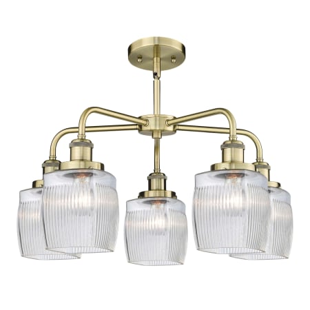 A large image of the Innovations Lighting 916-5CR-15-24 Colton Chandelier Antique Brass / Clear Halophane