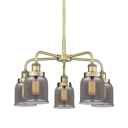 A large image of the Innovations Lighting 916-5CR-15-23 Bell Chandelier Antique Brass / Plated Smoke