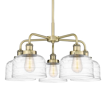 A large image of the Innovations Lighting 916-5CR-15-26 Bell Chandelier Antique Brass / Clear Deco Swirl