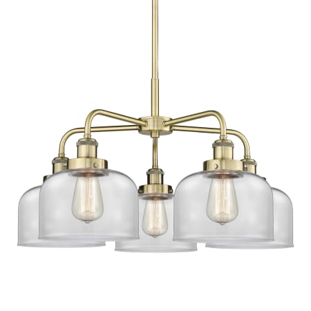 A large image of the Innovations Lighting 916-5CR-15-26 Bell Chandelier Antique Brass / Clear