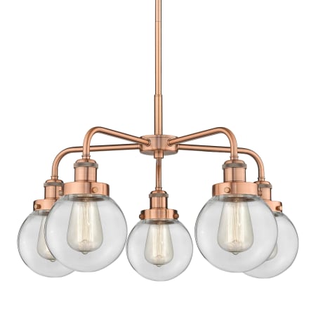 A large image of the Innovations Lighting 916-5CR-16-24 Beacon Chandelier Antique Copper / Clear