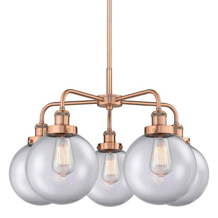 A large image of the Innovations Lighting 916-5CR-18-26 Beacon Chandelier Antique Copper / Clear