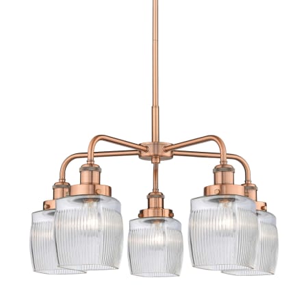 A large image of the Innovations Lighting 916-5CR-15-24 Colton Chandelier Antique Copper / Clear Halophane