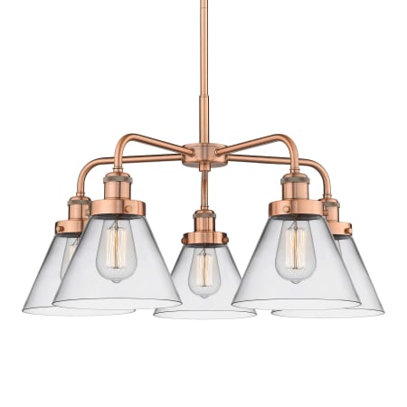 A large image of the Innovations Lighting 916-5CR-15-26 Cone Chandelier Antique Copper / Clear