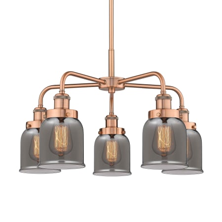 A large image of the Innovations Lighting 916-5CR-15-23 Bell Chandelier Antique Copper / Plated Smoke