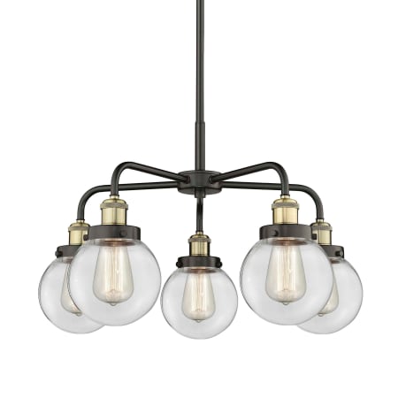 A large image of the Innovations Lighting 916-5CR-16-24 Beacon Chandelier Black Antique Brass / Clear