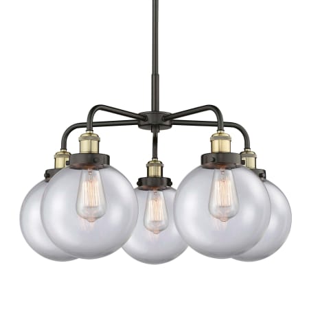 A large image of the Innovations Lighting 916-5CR-18-26 Beacon Chandelier Black Antique Brass / Clear