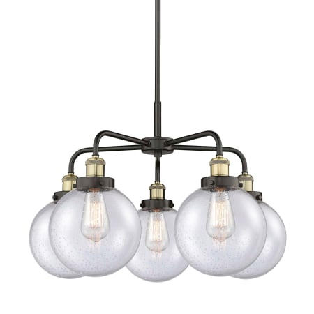 A large image of the Innovations Lighting 916-5CR-18-26 Beacon Chandelier Black Antique Brass / Seedy