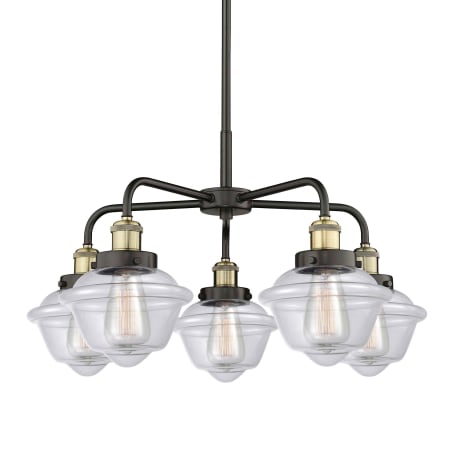 A large image of the Innovations Lighting 916-5CR-14-25 Oxford Chandelier Black Antique Brass / Clear