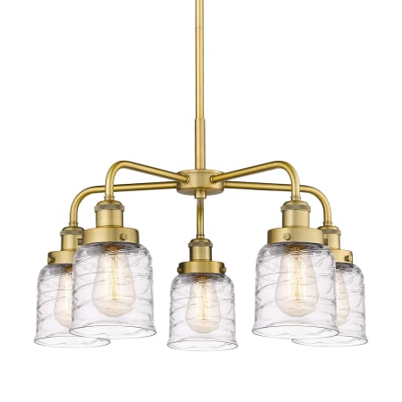 A large image of the Innovations Lighting 916-5CR-15-23 Bell Chandelier Brushed Brass / Clear Deco Swirl