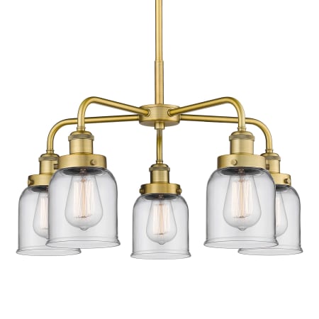 A large image of the Innovations Lighting 916-5CR-15-23 Bell Chandelier Brushed Brass / Clear