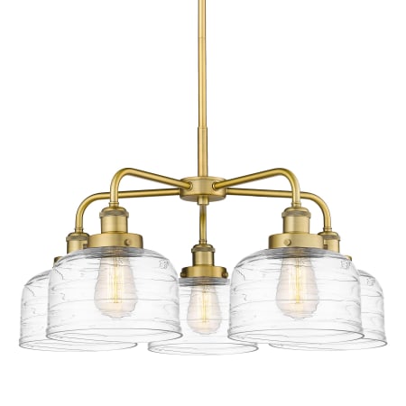 A large image of the Innovations Lighting 916-5CR-15-26 Bell Chandelier Brushed Brass / Clear Deco Swirl