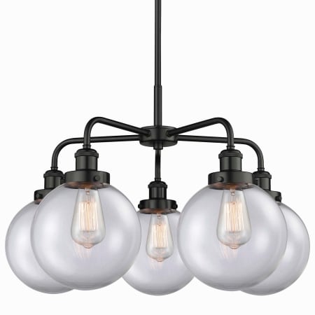 A large image of the Innovations Lighting 916-5CR-18-26 Beacon Chandelier Matte Black / Clear