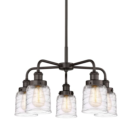 A large image of the Innovations Lighting 916-5CR-15-23 Bell Chandelier Oil Rubbed Bronze / Clear Deco Swirl