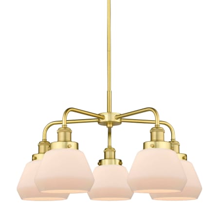 A large image of the Innovations Lighting 916-5CR-14-25 Fulton Chandelier Satin Gold / Matte White