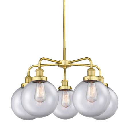 A large image of the Innovations Lighting 916-5CR-18-26 Beacon Chandelier Satin Gold / Clear