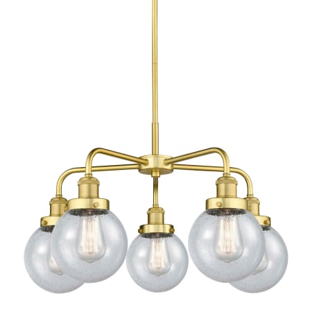 A large image of the Innovations Lighting 916-5CR-16-24 Beacon Chandelier Satin Gold / Seedy