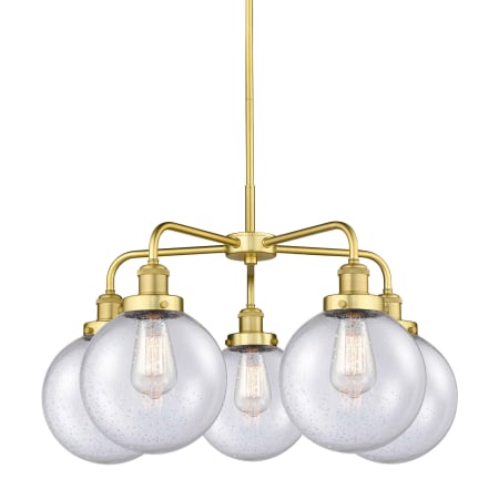 A large image of the Innovations Lighting 916-5CR-18-26 Beacon Chandelier Satin Gold / Seedy