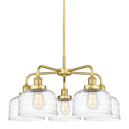 A large image of the Innovations Lighting 916-5CR-15-26 Bell Chandelier Satin Gold / Clear Deco Swirl