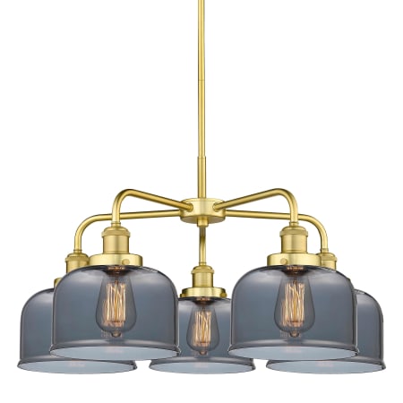 A large image of the Innovations Lighting 916-5CR-15-26 Bell Chandelier Satin Gold / Plated Smoke