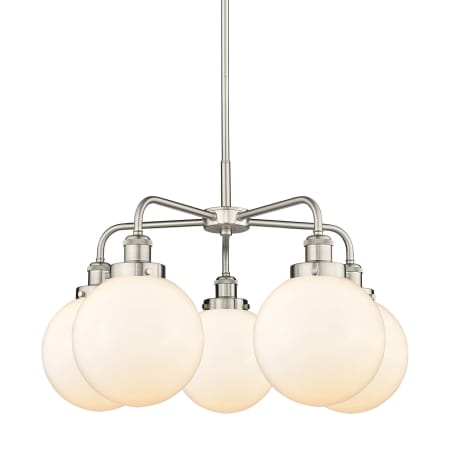 A large image of the Innovations Lighting 916-5CR-18-26 Beacon Chandelier Satin Nickel / Matte White