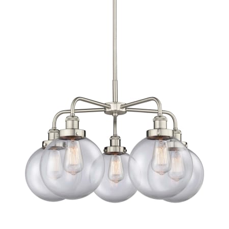A large image of the Innovations Lighting 916-5CR-18-26 Beacon Chandelier Satin Nickel / Clear