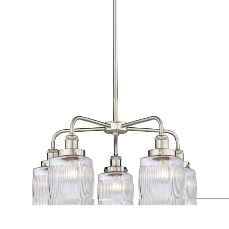 A large image of the Innovations Lighting 916-5CR-15-24 Colton Chandelier Satin Nickel / Clear Halophane
