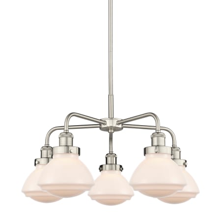 A large image of the Innovations Lighting 916-5CR-14-25 Olean Chandelier Satin Nickel / Matte White