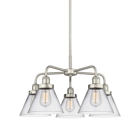 A large image of the Innovations Lighting 916-5CR-15-26 Cone Chandelier Satin Nickel / Clear