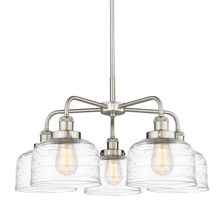A large image of the Innovations Lighting 916-5CR-15-26 Bell Chandelier Satin Nickel / Clear Deco Swirl