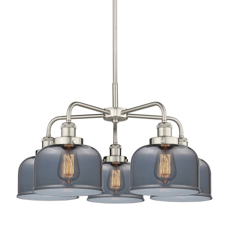 A large image of the Innovations Lighting 916-5CR-15-26 Bell Chandelier Satin Nickel / Plated Smoke