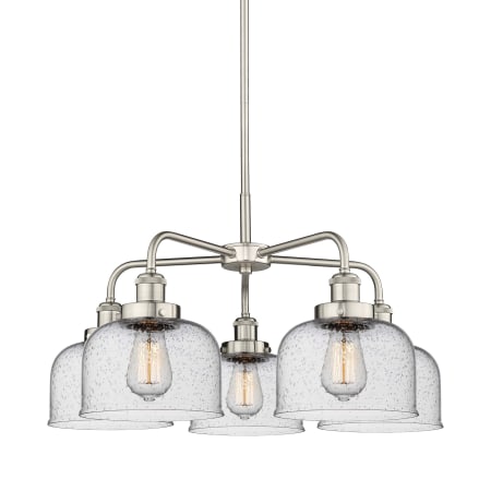 A large image of the Innovations Lighting 916-5CR-15-26 Bell Chandelier Satin Nickel / Seedy