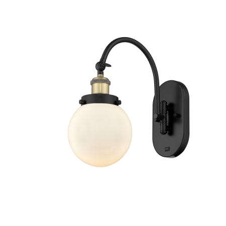A large image of the Innovations Lighting 918-1W-13-6 Beacon Sconce Black Antique Brass / Matte White