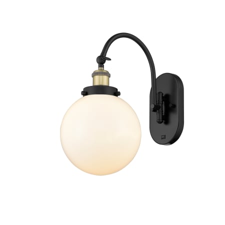 A large image of the Innovations Lighting 918-1W-15-8 Beacon Sconce Black Antique Brass / Matte White